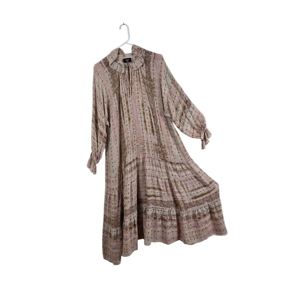 Vici Midi‎ Dress Womens Small/Oversized Pink Boho Tiered Ruffle Neck  Geometric
